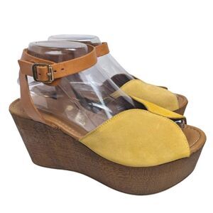 Seychelles Yellow & Tan Suede Leather Platform Wood Wedge Sandals Womens 7.5